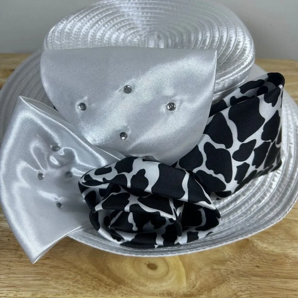 Regalia Womens Church Hat White Satin Ribbon Cow Print Bow Rhinestone Pillbox